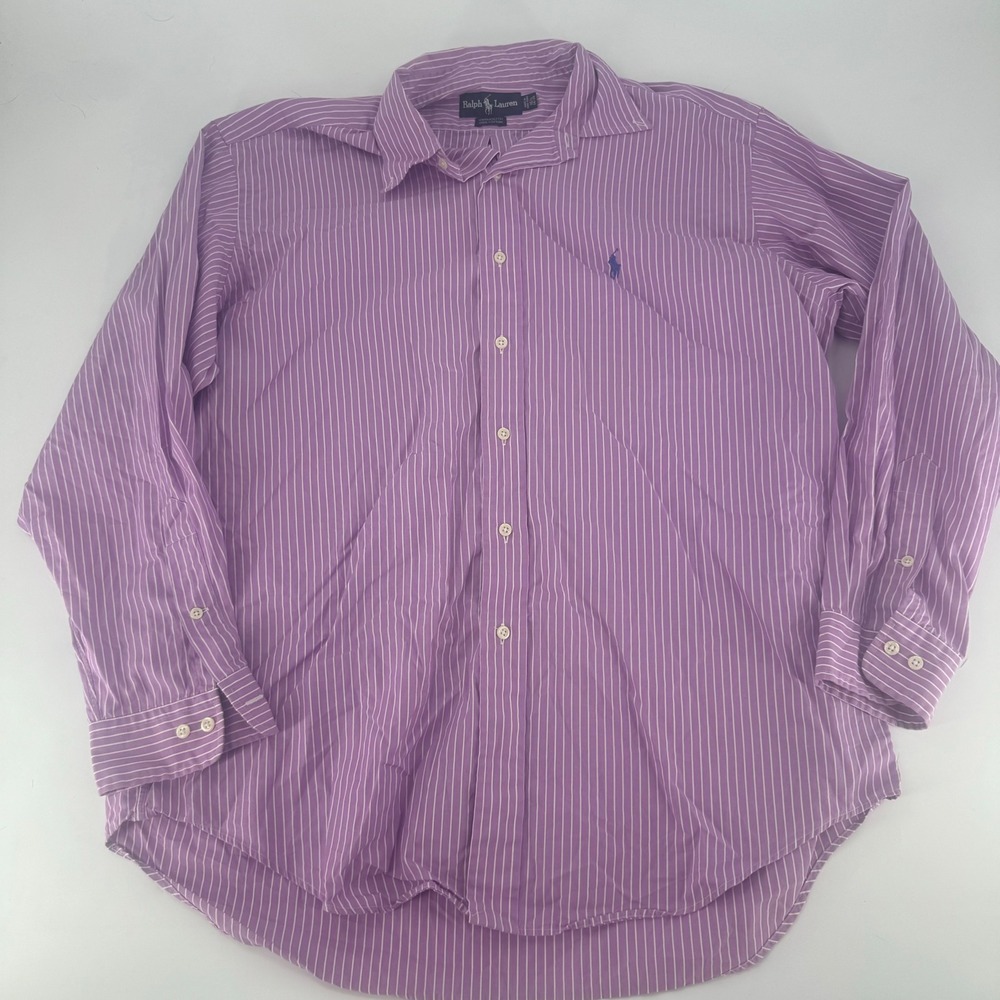 Ralph Lauren Yarmouth Mens 16.5 34/35 Purple White Striped Cotton Dress Shirt